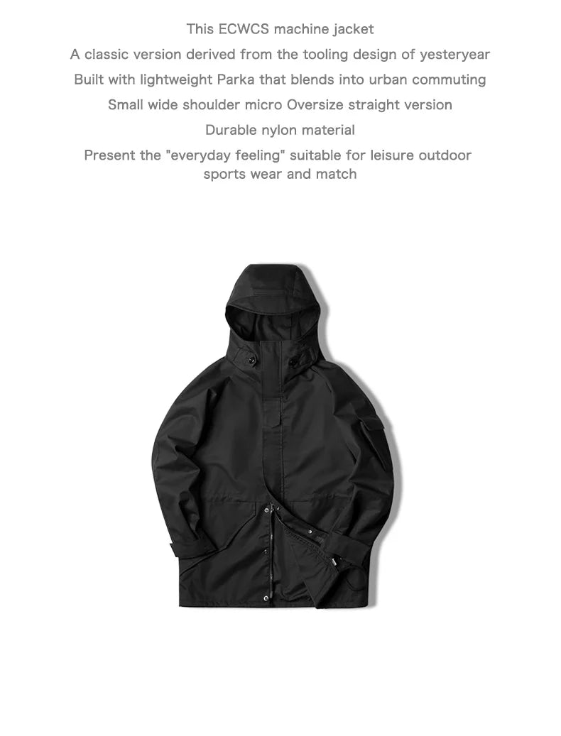 Maden Outdoor Sports Hooded Jacket for Men Black Windbreaker Motorcycle Style Mid-length with Multi-pockets Coat for Autumn