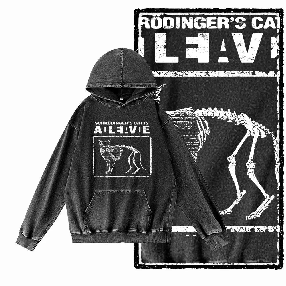 Night Prowler Cat Graphic Acid-Washed Black Hoodie