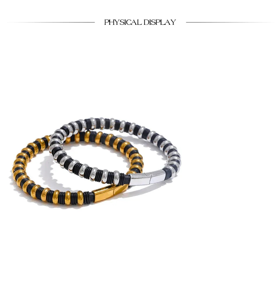 65mm Distinctive Stainless Steel Leather Metal Beads Bracelet Bangle - ShopHub