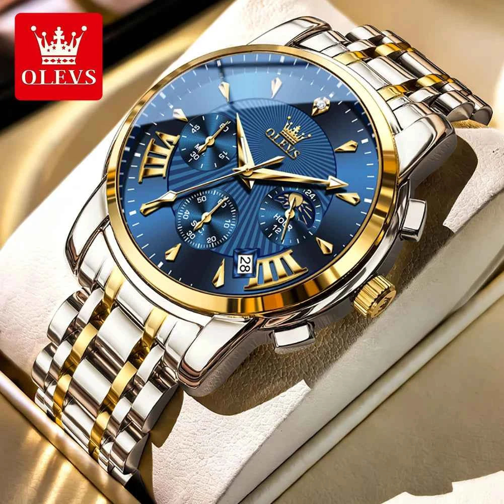 OLEVS 2892 Mens Business Quartz Watch with Moon Phase Multifunctional Chronograph and Calendar Window