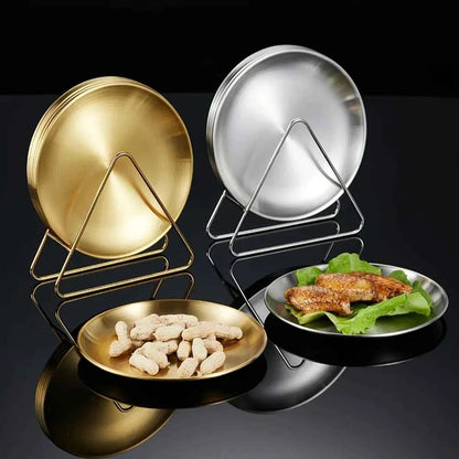 6Pcs Stainless Steel Plates Set Storage Rack Round Dish for BBQ Camping Kitchen Accessories Gadgets Tools Home Decor Gear