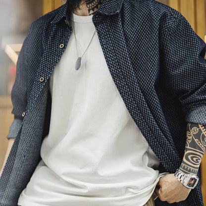 Maden Retro Checkered Long-sleeved Denim Shirt Loose Lapel Single-breasted Jacket for Men Spring and Fall Versatile Outerwear