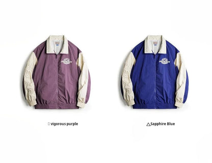 Maden Vintage Splice Racing Jacket Men's Spring Embroidered Outdoor Motorcycle Style Zip-Up Outerwear Lapel Casual Blue Jackets