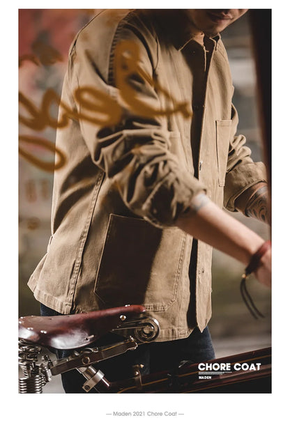 Maden Heavyweight Twill Fabric Four-pocket Chore Coat for Men Khaki Color Turn-down Collar Utility Jacket Male Autumn Jackets