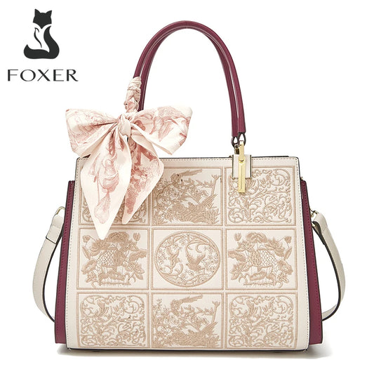 FOXER Women's Scarf-Detail Leather Tote Bag