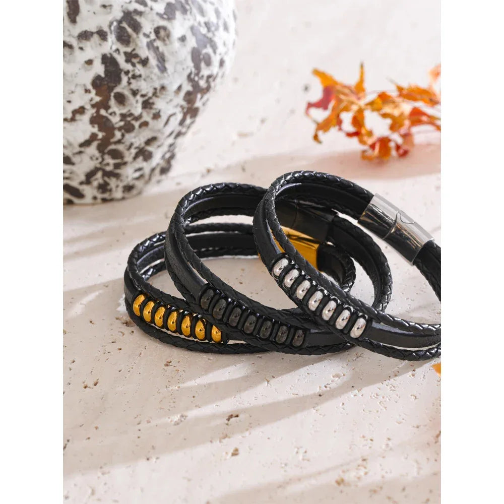 Stylish Black Fibre Leather Layered Men's Wrist Bracelet Bangle - ShopHub