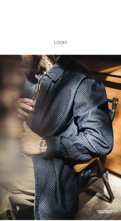 Maden Retro Checkered Long-sleeved Denim Shirt Loose Lapel Single-breasted Jacket for Men Spring and Fall Versatile Outerwear