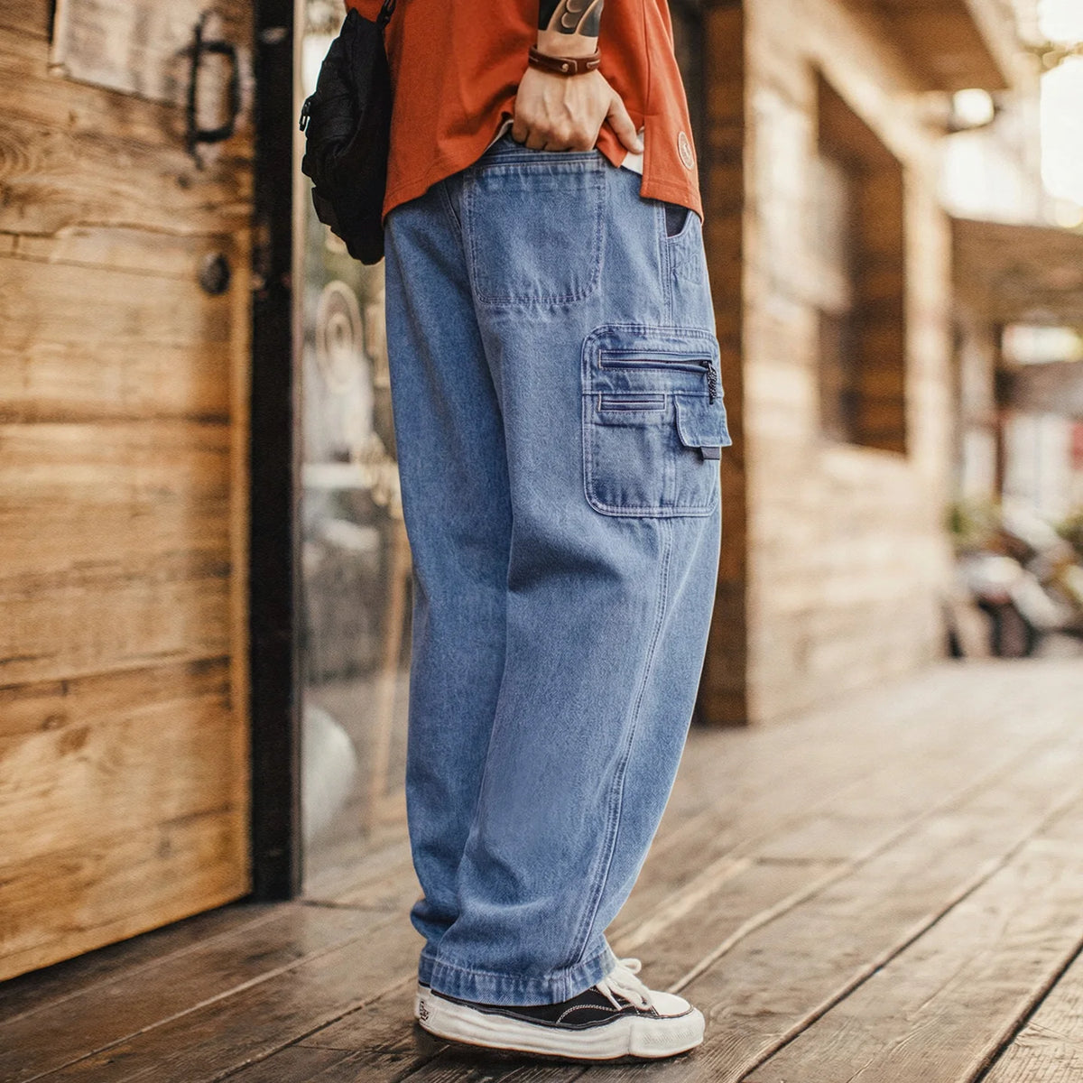 Maden Men's Vintage 10.5oz Washed Denim Jeans Loose Fit Cargo Pocket Workwear Pants Casual Blue Trousers for Spring and Autumn