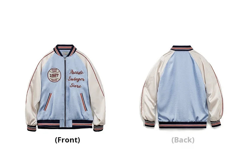 Maden Men Vintage Embroidered Souvenir Jacket Satin Contrast Baseball Bomber Outwear Short Zip-Up Casual Jacket for Spring Fall