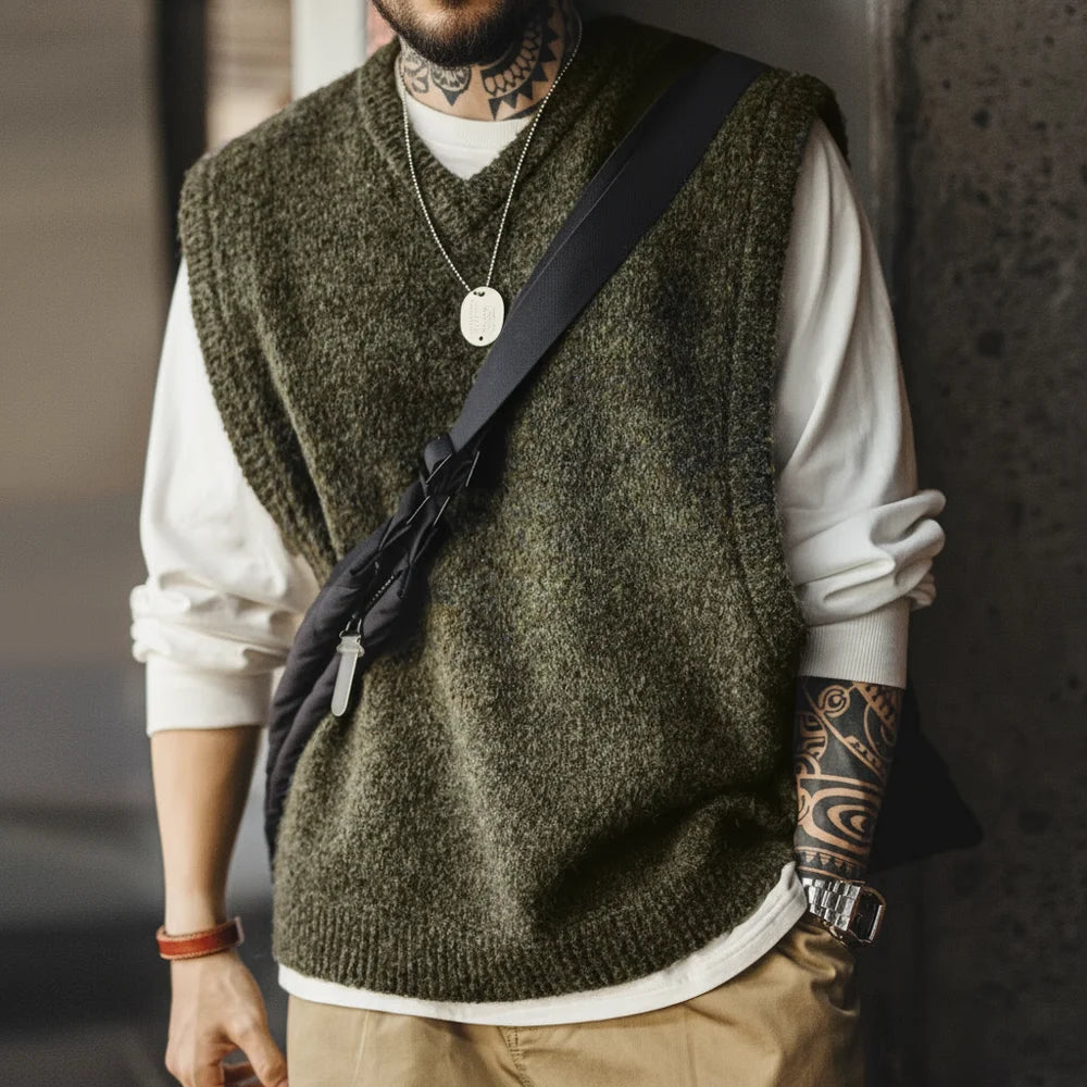 MADEN Moss-Green V-Neck Knit Vest