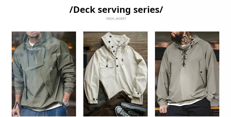 Maden Retro Green Deck Jacket Hooded Sweatshirt wtih Drawstring Collar Cuffs Adjustable Design Windbreaker Pullover for Men