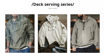 Maden Retro Green Deck Jacket Hooded Sweatshirt wtih Drawstring Collar Cuffs Adjustable Design Windbreaker Pullover for Men