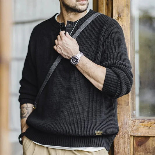 MADEN Black Henley Knit Pullover