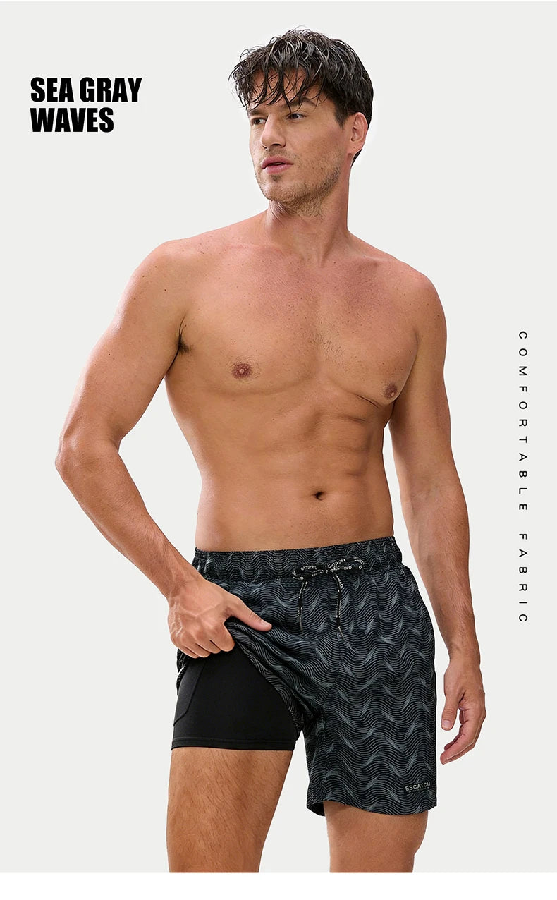 Men's DATIFER 2026 beach shorts with classic print, elastic waist, and 2-in-1 design, perfect for swimming and casual wear.