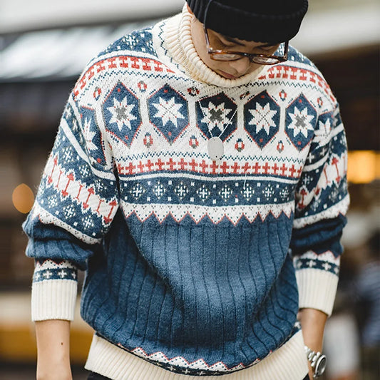 MADEN Grey-Blue Fair Isle Turtleneck Sweater