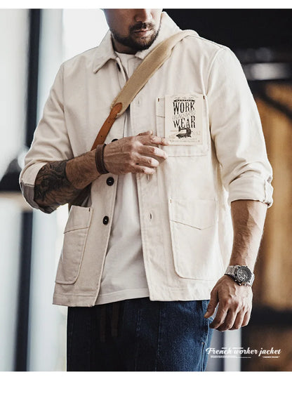 Maden Retro Heavyweight Cotton Jacket with Twill Lapel Sleeves Corduroy Splicing Design Single-Breasted Coat for Men's Autumn