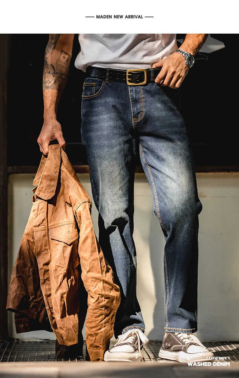 Maden Men's Vintage 11.5oz Denim Washed Straight Jeans