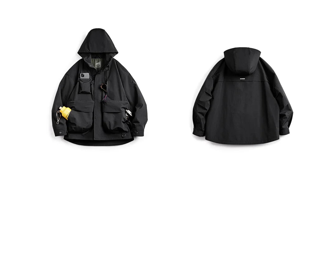 Maden Casual Multi-Pocket Functional Hooded Jacket Black Loose Outdoor Sports Coat for Men's Spring and Autumn Versatile Jacket