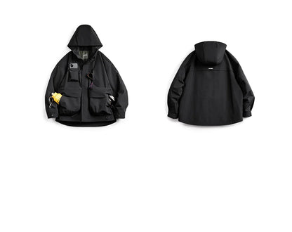 Maden Casual Multi-Pocket Functional Hooded Jacket Black Loose Outdoor Sports Coat for Men's Spring and Autumn Versatile Jacket