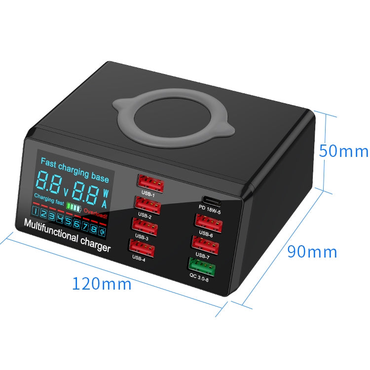 X9 9 in 1 QC 3.0 USB Interface + 6 USB Ports + PD 65W Ports + QI Wireless Fast Charging Multi-function Charger with LED Display