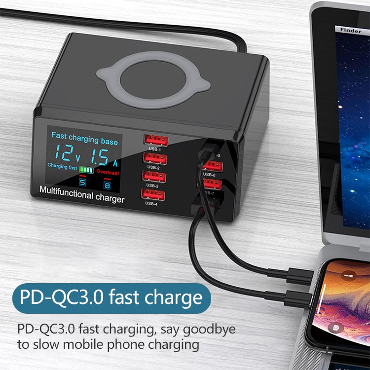 X9 9 in 1 QC 3.0 USB Interface + 6 USB Ports + PD 65W Ports + QI Wireless Fast Charging Multi-function Charger with LED Display