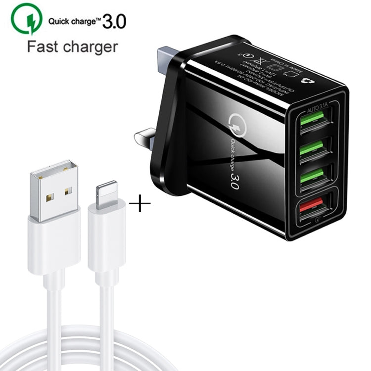 2 in 1 1m USB to 8 Pin Data Cable + 30W QC 3.0 4 USB Interfaces Mobile Phone Tablet PC Universal Quick Charger Travel Charger Set, UK Plug
