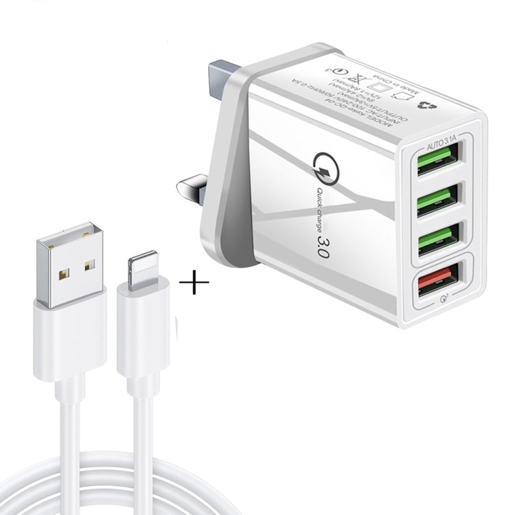 2 in 1 1m USB to 8 Pin Data Cable + 30W QC 3.0 4 USB Interfaces Mobile Phone Tablet PC Universal Quick Charger Travel Charger Set, UK Plug
