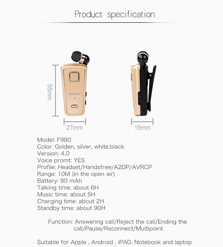 F980 CSR4.1 Retractable Cable Caller Vibration Reminder Anti-theft Bluetooth Headset