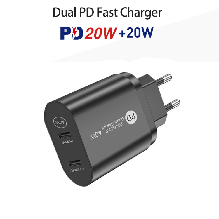 002 40W Dual Port PD / Type-C Fast Charger for iPhone / iPad Series, EU Plug