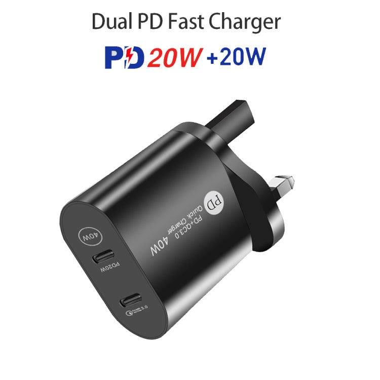 002 40W Dual Port PD / Type-C Fast Charger with USB-C to 8 Pin Data Cable, UK Plug