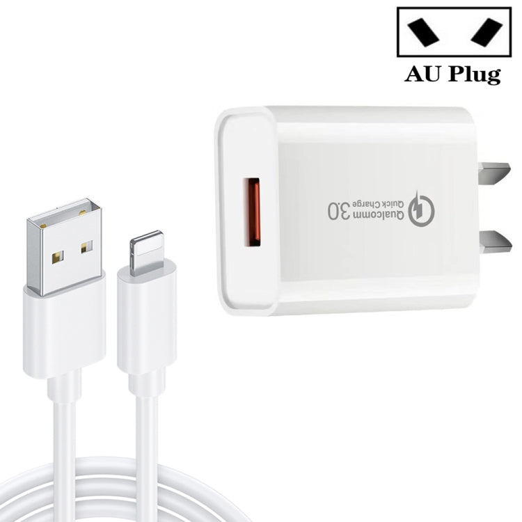 CA-25 QC3.0 USB 3A Fast Charger with USB to 8 Pin Data Cable, AU Plug