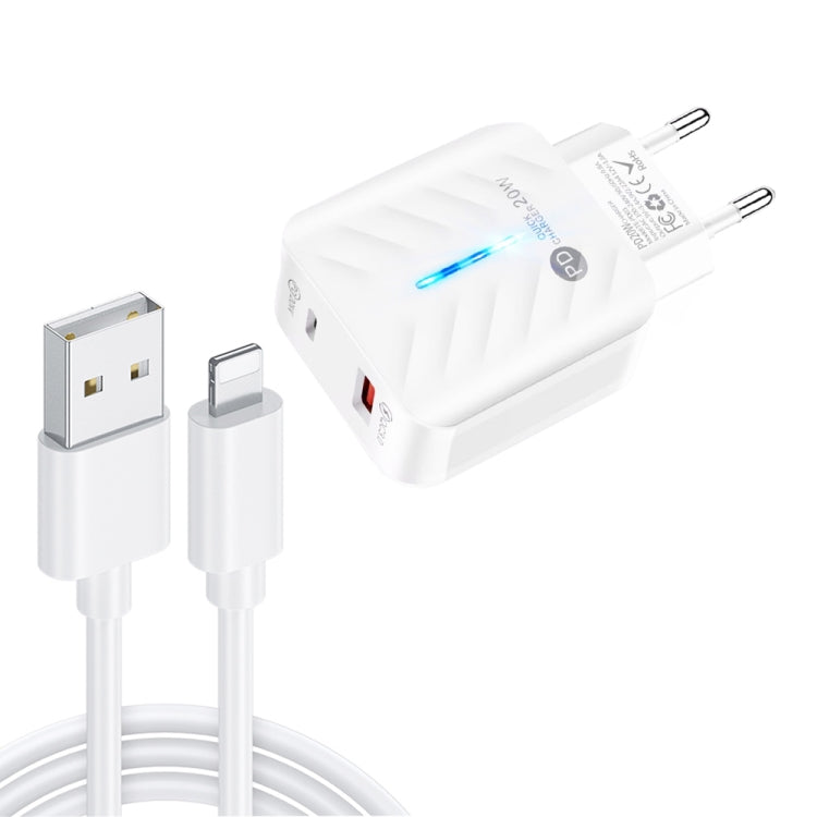 PD03 20W PD3.0 + QC3.0 USB Charger with USB to 8 Pin Data Cable, EU Plug