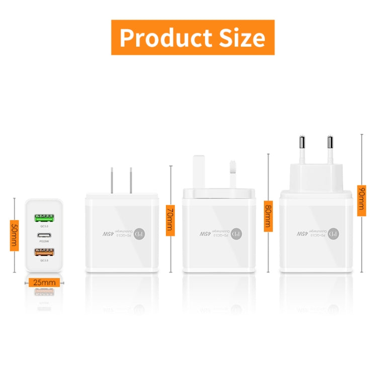 45W PD3.0 + 2 x QC3.0 USB Multi Port Quick Charger, EU Plug