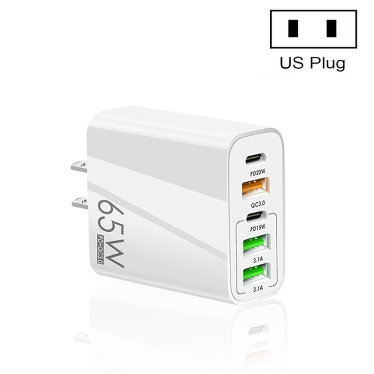 65W Dual PD Type-C + 3 x USB Multi Port Charger for Phone and Tablet PC, US Plug