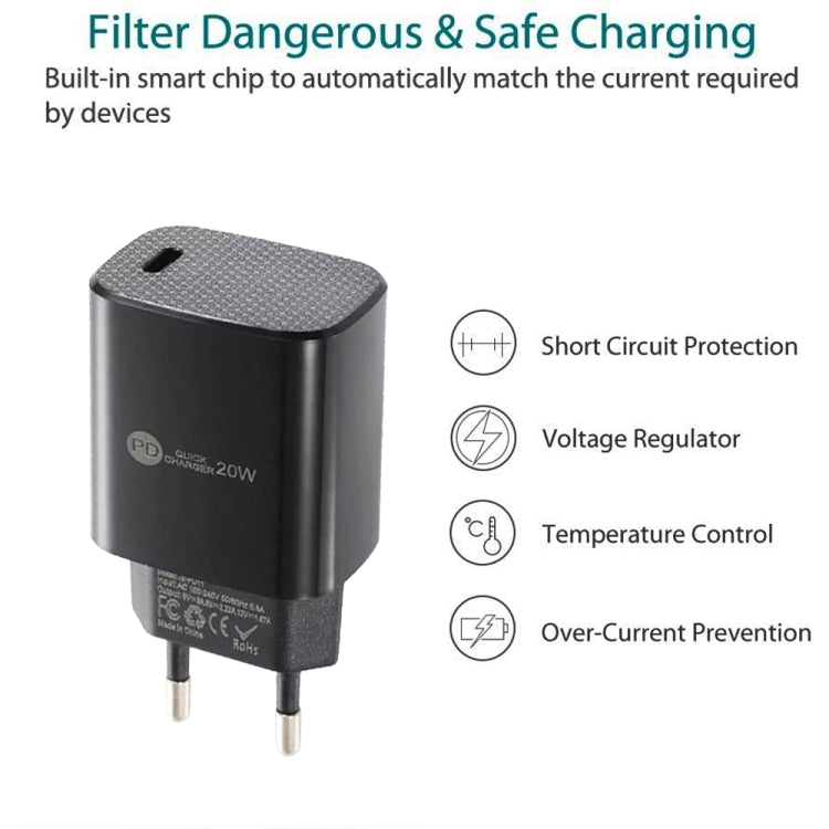 PD11 Single PD3.0 USB-C / Type-C 20W Fast Charger with 1m Type-C to 8 Pin Data Cable, EU Plug