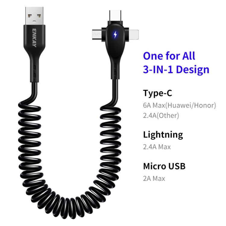 ENKAY Hat-Prince 3 in 1 6A USB to 8Pin+Type-C+Micro USB Supper Fast Charge Spring Cable, Length: 1.8m