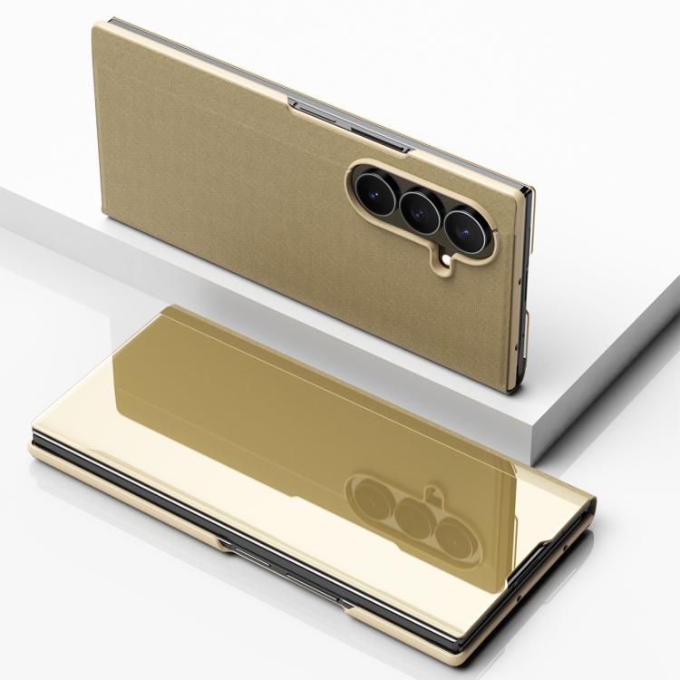 Plated Mirror Horizontal Flip Leather Phone Case with Holder, For Samsung Galaxy Z TriFold, For Samsung Galaxy Z Fold7, For Samsung Galaxy Z Fold6, For Galaxy Z Fold 5 5G
