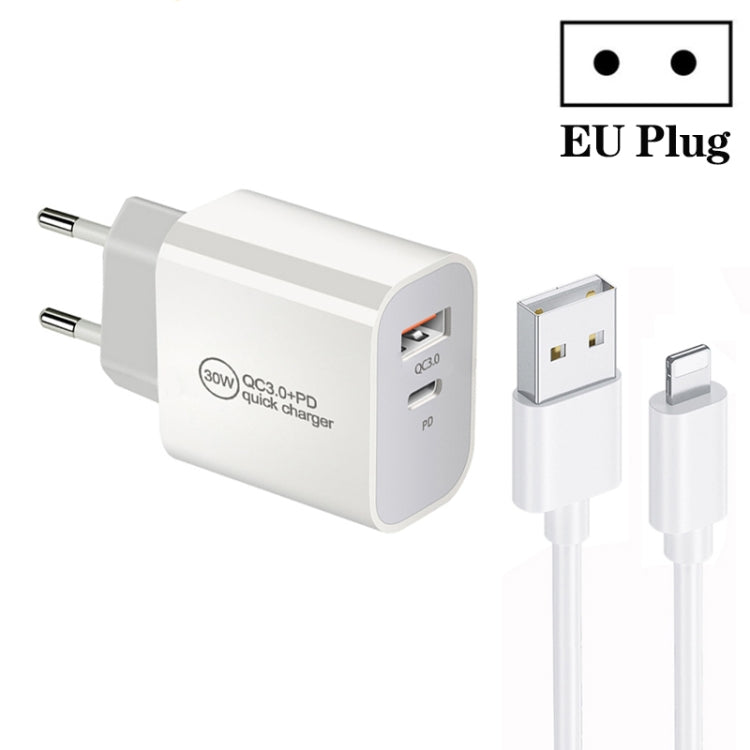 PD30W USB-C / Type-C + QC3.0 USB Dual Port Charger with 1m USB to 8 Pin Data Cable