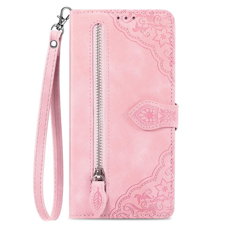 Embossed Flower Zipper Leather Phone Case