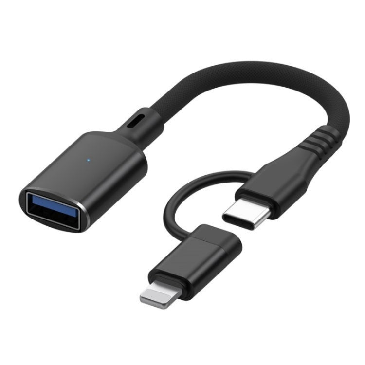 JS-112 2 in 1 USB Male to USB-C / Type-C / 8 Pin OTG Adapter Cable, Length: 15cm