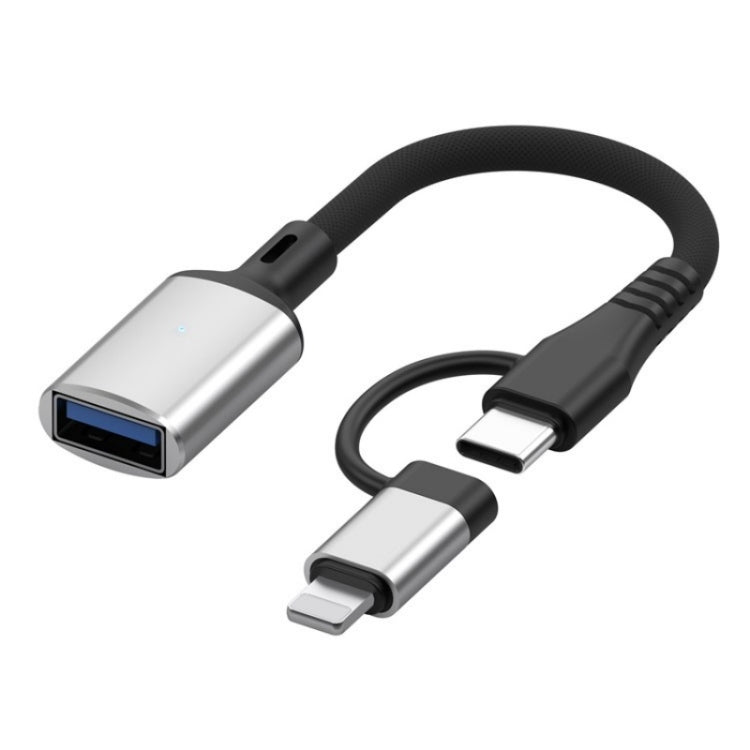 JS-112 2 in 1 USB Male to USB-C / Type-C / 8 Pin OTG Adapter Cable, Length: 15cm