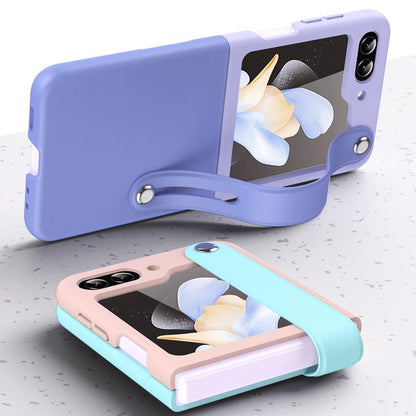 Wrist-strap Plain Leather Phone Case, For Samsung Galaxy Z Flip7 5G, For Samsung Galaxy Z Flip6 5G