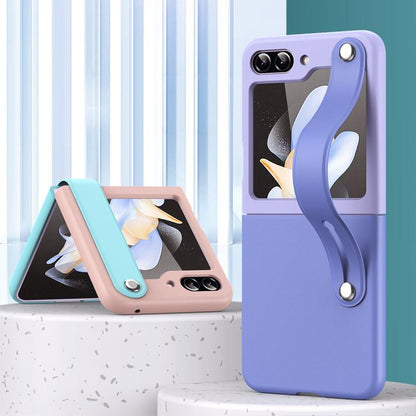 Wrist-strap Plain Leather Phone Case, For Samsung Galaxy Z Flip7 5G, For Samsung Galaxy Z Flip6 5G