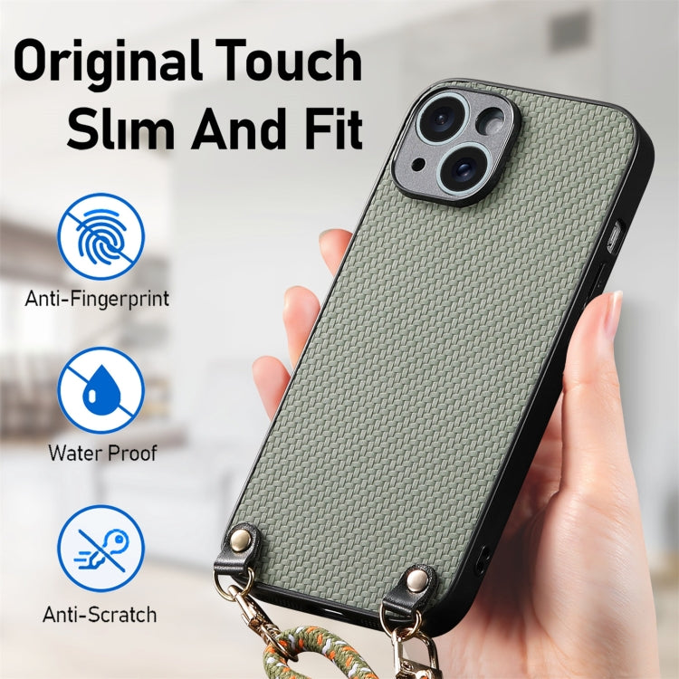 Carbon Fiber Texture Leather Back Phone Case with Crossbody Strap