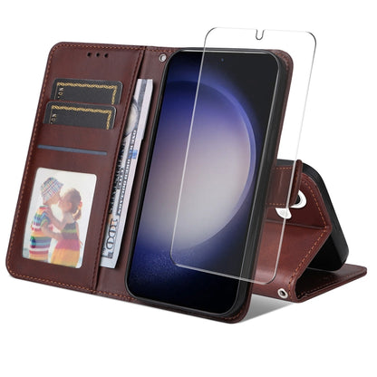 ENKAY Card Wallet Calf Texture Leather Phone Case with Screen Film, For Galaxy A36 5G, For Galaxy S25 5G, For Galaxy S25+ 5G, For Galaxy S25 Ultra 5G, For Galaxy S24 Ultra 5G, For Galaxy S24+ 5G, For Galaxy S24 5G, For Galaxy F16 / M16