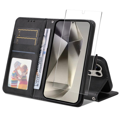 ENKAY Card Wallet Calf Texture Leather Phone Case with Screen Film, For Galaxy A36 5G, For Galaxy S25 5G, For Galaxy S25+ 5G, For Galaxy S25 Ultra 5G, For Galaxy S24 Ultra 5G, For Galaxy S24+ 5G, For Galaxy S24 5G, For Galaxy F16 / M16