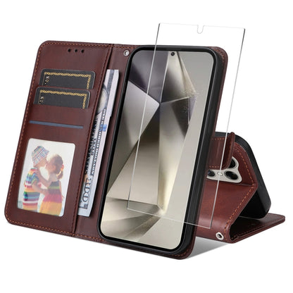 ENKAY Card Wallet Calf Texture Leather Phone Case with Screen Film, For Galaxy A36 5G, For Galaxy S25 5G, For Galaxy S25+ 5G, For Galaxy S25 Ultra 5G, For Galaxy S24 Ultra 5G, For Galaxy S24+ 5G, For Galaxy S24 5G, For Galaxy F16 / M16