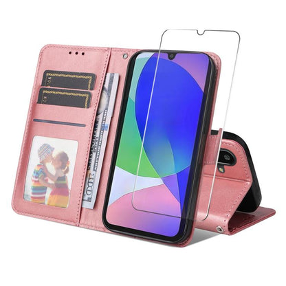 ENKAY Card Wallet Calf Texture Leather Phone Case with Screen Film, For Galaxy A36 5G, For Galaxy S25 5G, For Galaxy S25+ 5G, For Galaxy S25 Ultra 5G, For Galaxy S24 Ultra 5G, For Galaxy S24+ 5G, For Galaxy S24 5G, For Galaxy F16 / M16