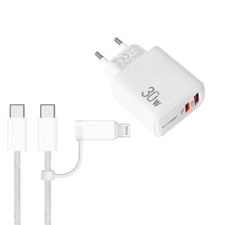 PD31 30W USB-C / Type-C + USB-A Charger with Type-C+8 Pin 2-in-1 Data Cable, EU Plug