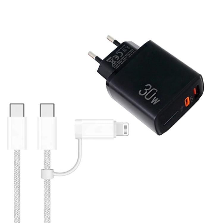 PD31 30W USB-C / Type-C + USB-A Charger with Type-C+8 Pin 2-in-1 Data Cable, EU Plug
